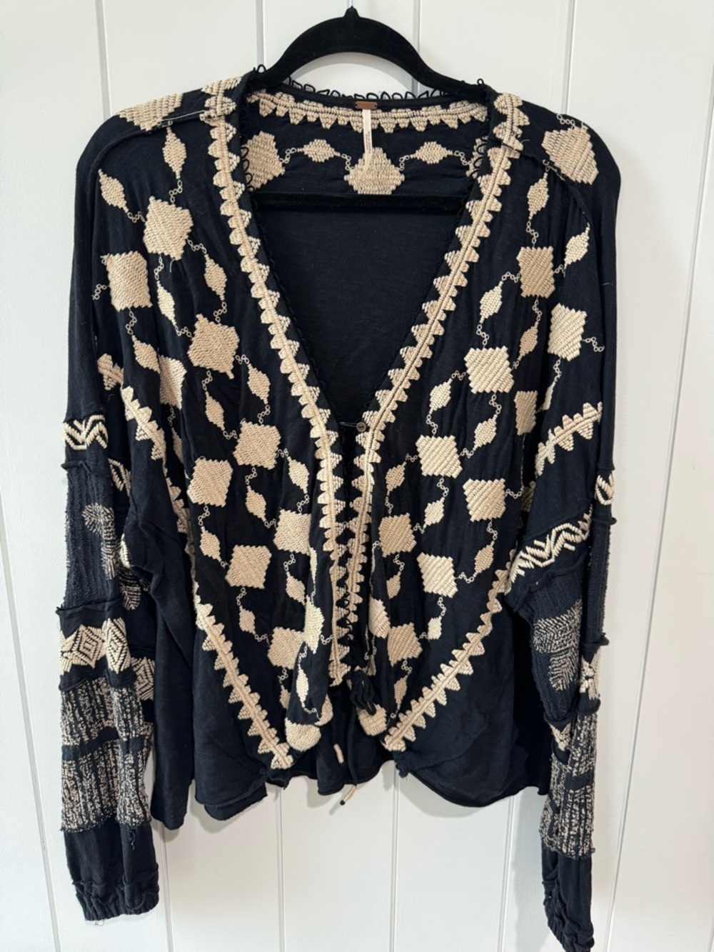 Free People Black Knit Top with Cream Crochet Detail